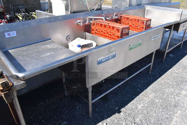 Stainless Steel Commercial 3 Bay Sink w/ Dual Drain Boards, 2 Faucets and 2 Handle Sets. 111x31x46. Bays 21x27x13. Drain Boards 22x26x1 - Image 7 of 8
