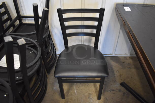 8 Black Metal Dining Height Chairs w/ Black Seat Cushion and Horizontal Back Rest Bars. Stock Picture - Cosmetic Condition May Vary. 17x18x32.5. 8 Times Your Bid!
