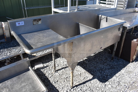 Stainless Steel Commercial 2 Bay Sink w/ Left Side Drain Board. 72x30x43. Bays 24x24x13. Drain Board 20x24x1