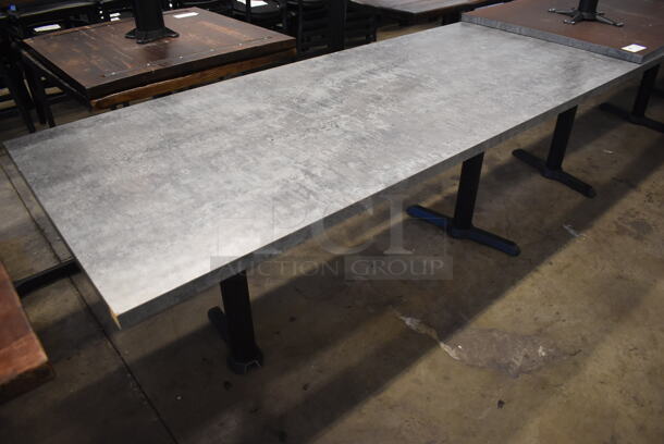 3 Gray Dining Height Tables on 2 Black Metal Straight Leg Table Bases. 72x30x30. 3 Times Your Bid!