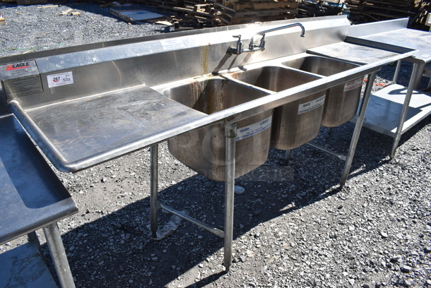 Eagle Stainless Steel Commercial 3 Bay Sink w/ Dual Drain Boards, Faucet and Handles. 102x26x44. Bays 16x19x12. Drain Boards 22x22