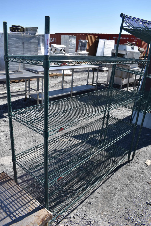Metro Green Finish 4 Tier Wire Shelves. BUYER MUST DISMANTLE. PCI CANNOT DISMANTLE FOR SHIPPING. PLEASE CONSIDER FREIGHT CHARGES. 60x18x63 - Image 1 of 4