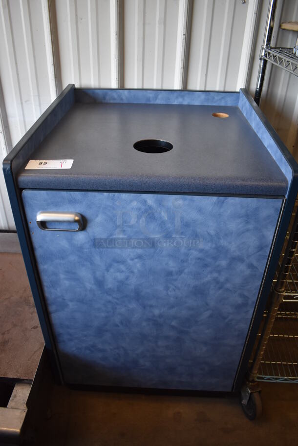 Blue Trash Can Shell w/ Trash Deposit Hole and Door on Commercial Casters. 25x25x38