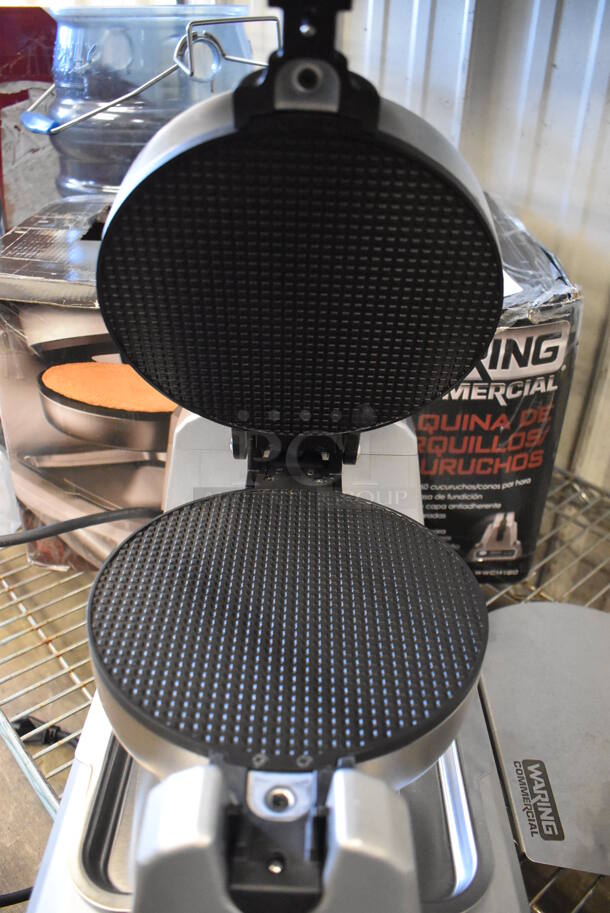 BRAND NEW! Waring WWCM180 Stainless Steel Commercial Countertop Waffle Cone Press w/ Waffle Cone Former. 120 Volts, 1 Phase. 9x17x10. Tested and Working! - Image 4 of 7
