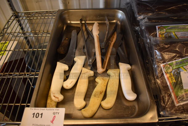 ALL ONE MONEY! Lot of Various Knives and Tongs in Stainless Steel Full Size Drop In Bin - Image 1 of 3