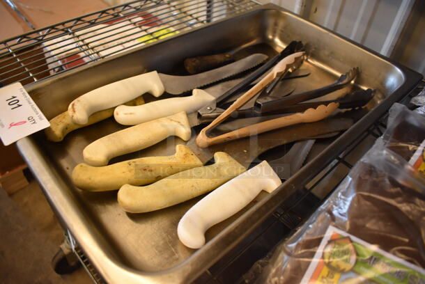ALL ONE MONEY! Lot of Various Knives and Tongs in Stainless Steel Full Size Drop In Bin - Image 2 of 3