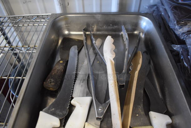 ALL ONE MONEY! Lot of Various Knives and Tongs in Stainless Steel Full Size Drop In Bin - Image 3 of 3