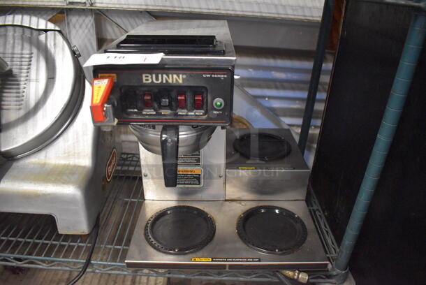 2011 Bunn CWTF15 Stainless Steel Commercial 3 Burner Coffee Machine w/ Hot Water Dispenser and Metal Brew Basket. 120 Volts, 1 Phase. 16x21x17