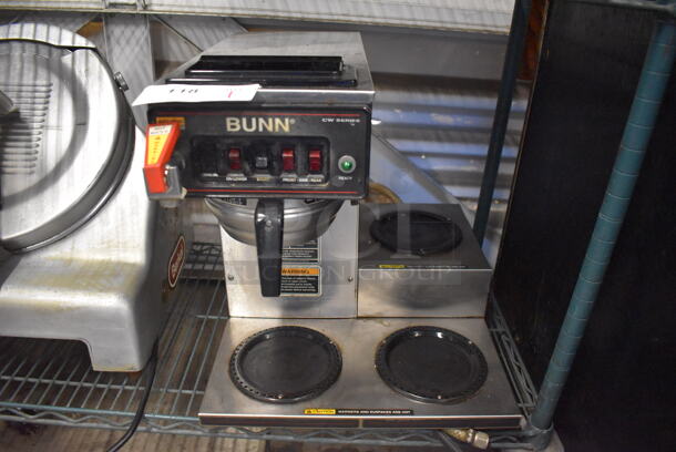 2011 Bunn CWTF15 Stainless Steel Commercial 3 Burner Coffee Machine w/ Hot Water Dispenser and Metal Brew Basket. 120 Volts, 1 Phase. 16x21x17 - Image 1 of 5