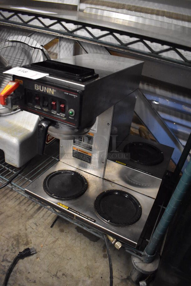 2011 Bunn CWTF15 Stainless Steel Commercial 3 Burner Coffee Machine w/ Hot Water Dispenser and Metal Brew Basket. 120 Volts, 1 Phase. 16x21x17 - Image 2 of 5