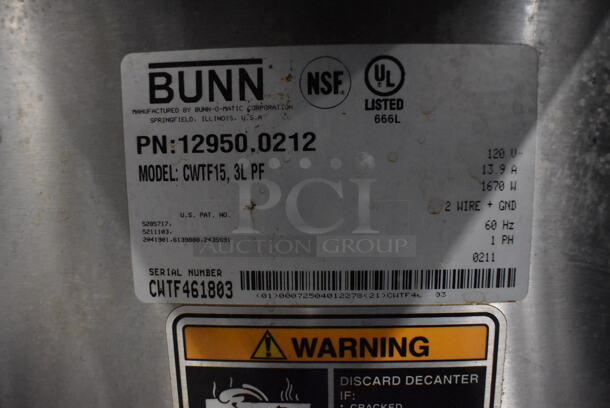 2011 Bunn CWTF15 Stainless Steel Commercial 3 Burner Coffee Machine w/ Hot Water Dispenser and Metal Brew Basket. 120 Volts, 1 Phase. 16x21x17 - Image 5 of 5