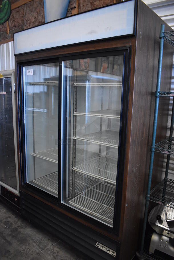Beverage Air MT45 Metal Commercial 2 Door Reach In Cooler Merchandiser w/ Poly Coated Racks on Commercial Casters. 115 Volts, 1 Phase. 52x32x83. Tested and Working!
