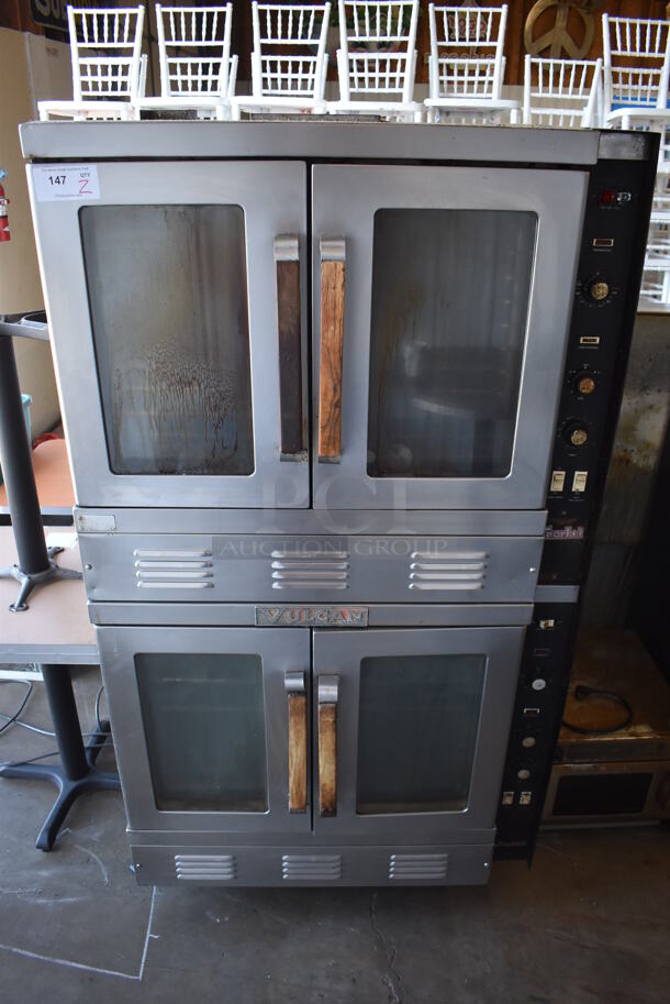 2 Vulcan Snorkel Stainless Steel Commercial Natural Gas Powered Full Size Convection Oven w/ View Through Doors, Metal Oven Racks and Thermostatic Controls on Commercial Casters. 40x38x75. 2 Times Your Bid!