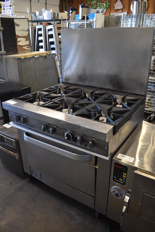 Southbend Stainless Steel Commercial Natural Gas Powered 6 Burner Range w/ Oven and Back Splash on Commercial Casters. 36x34x60 - Image 2 of 6
