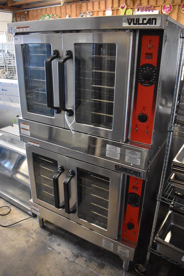 2 LATE MODEL! Vulcan VC4ED Stainless Steel Commercial Electric Powered Full Size Convection Ovens w/ View Through Doors, Metal Oven Racks and Thermostatic Controls. 480 Volts, 3/1 Phase. 40x32x70. 2 Times Your Bid!