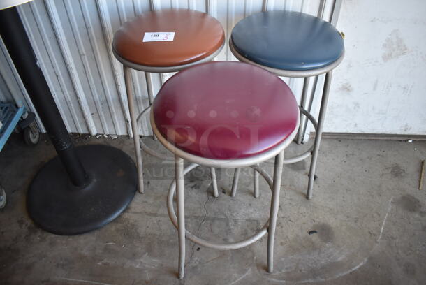 3 Gray Metal Stools; Brown, Blue and Purple. 16x16x31. 3 Times Your Bid! - Image 1 of 3