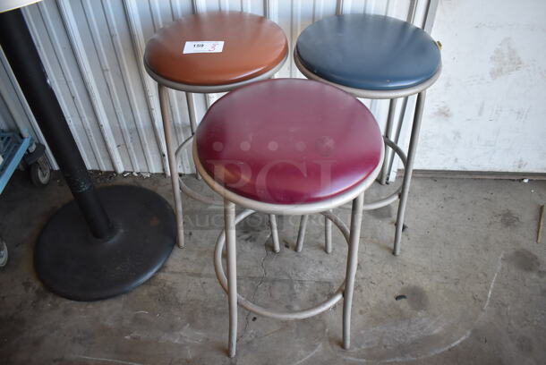 3 Gray Metal Stools; Brown, Blue and Purple. 16x16x31. 3 Times Your Bid!