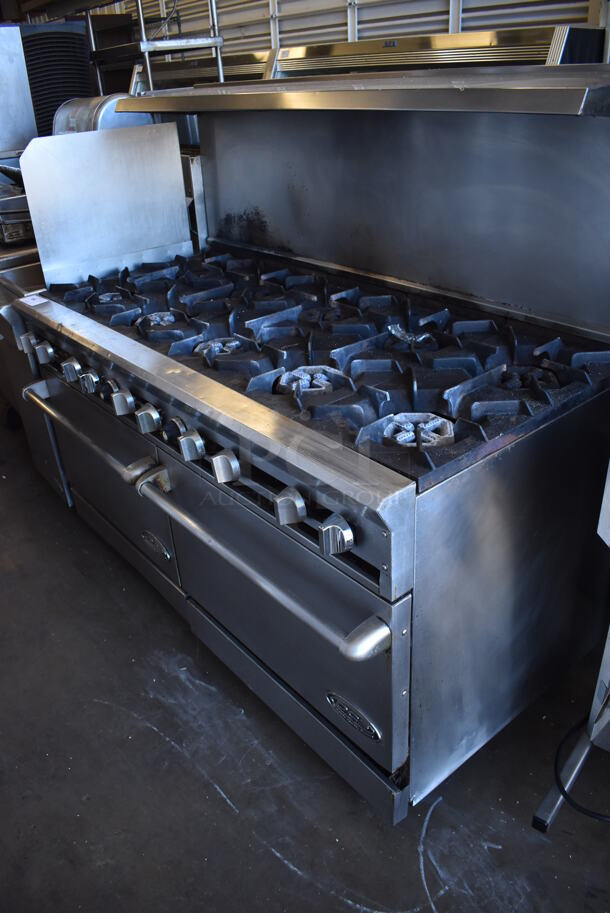 Dynamic Cooking Systems DCS Stainless Steel Commercial Natural Gas Powered 10 Burner Range w/ 2 Ovens, Over Shelf and Back Splash. 60x30x60