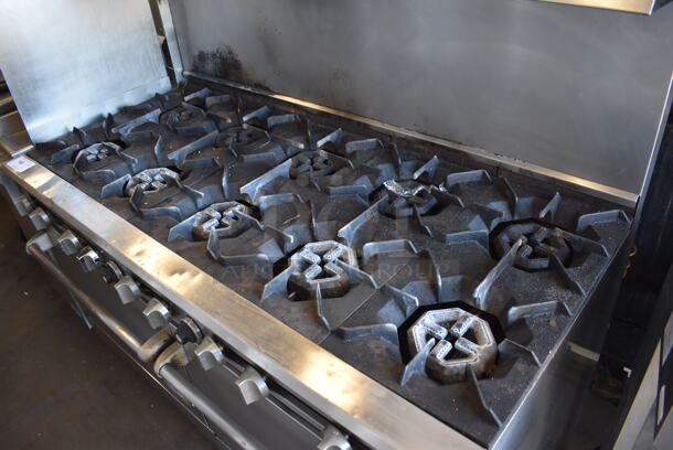 Dynamic Cooking Systems DCS Stainless Steel Commercial Natural Gas Powered 10 Burner Range w/ 2 Ovens, Over Shelf and Back Splash. 60x30x60 - Image 2 of 8