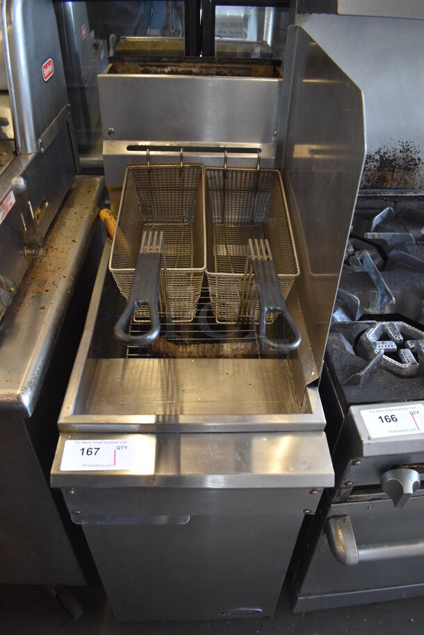 Dynamic Cooking Systems DCS Stainless Steel Commercial Floor Style Natural Gas Powered Deep Fat Fryer w/ 2 Metal Fry Baskets and Right Side Splash Guard on Commercial Casters. 15.5x33x52