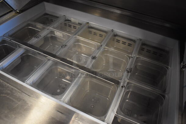 Berg EDMT 72 30 BERG HC Stainless Steel Commercial Sandwich Salad Prep Table Bain Marie Mega Top w/ Poly Drop In Bins on Commercial Casters. 115 Volts, 1 Phase. 72x34x48. Tested and Working! - Image 6 of 10