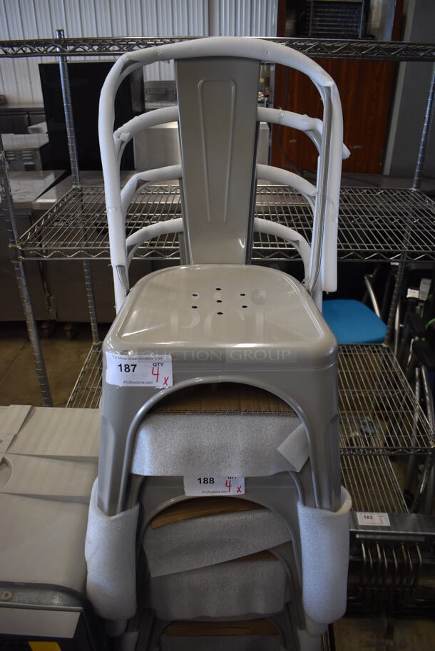 4 BRAND NEW! Gray Metal Tolix Style Chairs. Stock Picture - Cosmetic Condition May Vary. 18x20x32. 4 Times Your Bid!