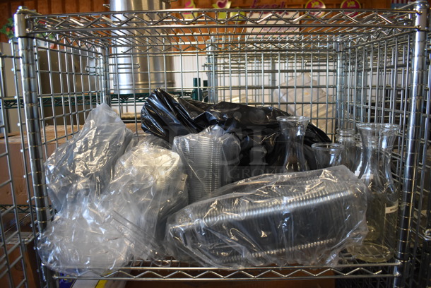 Chrome Finish 4 Tier Wire Shelving Unit w/ Liquor Cage and Contents on Commercial Casters. BUYER MUST DISMANTLE. PCI CANNOT DISMANTLE FOR SHIPPING. PLEASE CONSIDER FREIGHT CHARGES. 32x20x70 - Image 2 of 5
