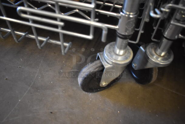 Chrome Finish 4 Tier Wire Shelving Unit w/ Liquor Cage and Contents on Commercial Casters. BUYER MUST DISMANTLE. PCI CANNOT DISMANTLE FOR SHIPPING. PLEASE CONSIDER FREIGHT CHARGES. 32x20x70 - Image 5 of 5