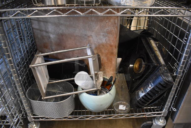 Chrome Finish 4 Tier Wire Shelving Unit w/ Liquor Cage and Contents on Commercial Casters. BUYER MUST DISMANTLE. PCI CANNOT DISMANTLE FOR SHIPPING. PLEASE CONSIDER FREIGHT CHARGES. 30x20x70 - Image 5 of 6