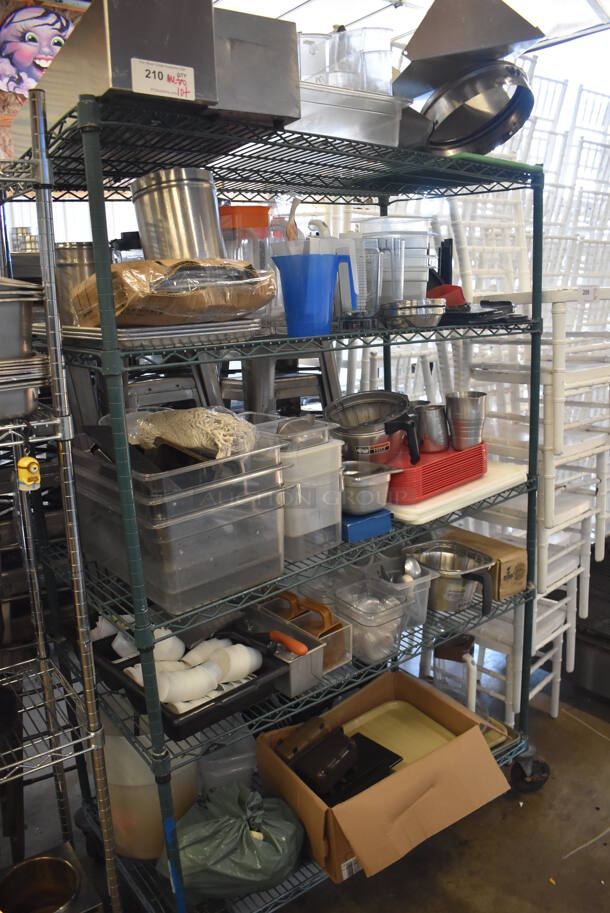 ALL ONE MONEY! Lot of 5 Tiers Worth of Various Items Including Poly Drop In Bins, Metal Baking Pans and Trays. Does Not Include Shelving Unit.
