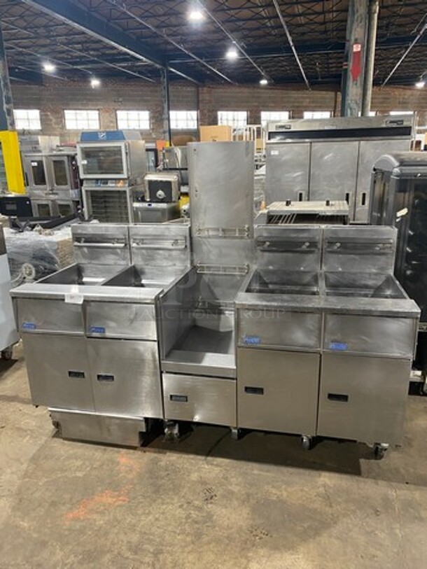 FAB! Pitco Frialator Commercial Natural Gas Powered 4 Bay Deep Fat Fryer! With Middle Fryer Basket Rack! With Oil Filter System! All Stainless Steel! On Casters! WORKING WHEN REMOVED! Model: SGH50 SN: G09FA015138