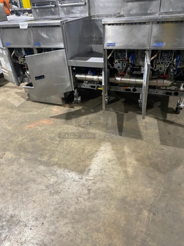 FAB! Pitco Frialator Commercial Natural Gas Powered 4 Bay Deep Fat Fryer! With Middle Fryer Basket Rack! With Oil Filter System! All Stainless Steel! On Casters! WORKING WHEN REMOVED! Model: SGH50 SN: G09FA015138 - Image 8 of 12
