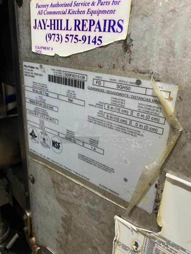 FAB! Pitco Frialator Commercial Natural Gas Powered 4 Bay Deep Fat Fryer! With Middle Fryer Basket Rack! With Oil Filter System! All Stainless Steel! On Casters! WORKING WHEN REMOVED! Model: SGH50 SN: G09FA015138 - Image 11 of 12
