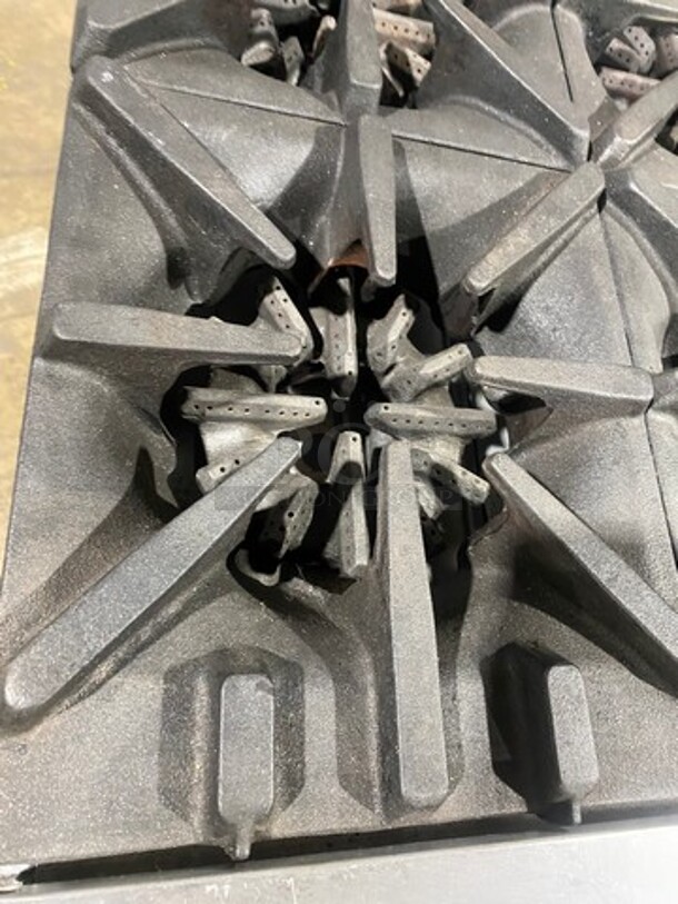 BEAUTIFUL! Garland Commercial Natural Gas Powered 6 Burner Stove With Right Side Flat Griddle! Griddle Has Side Splashes! With Raised Back Splash And Salamander Shelf! With 2 Oven Underneath! ONE OVEN WITH CONVECTION! Metal Oven Racks! All Stainless Steel! On Legs! - Image 6 of 12