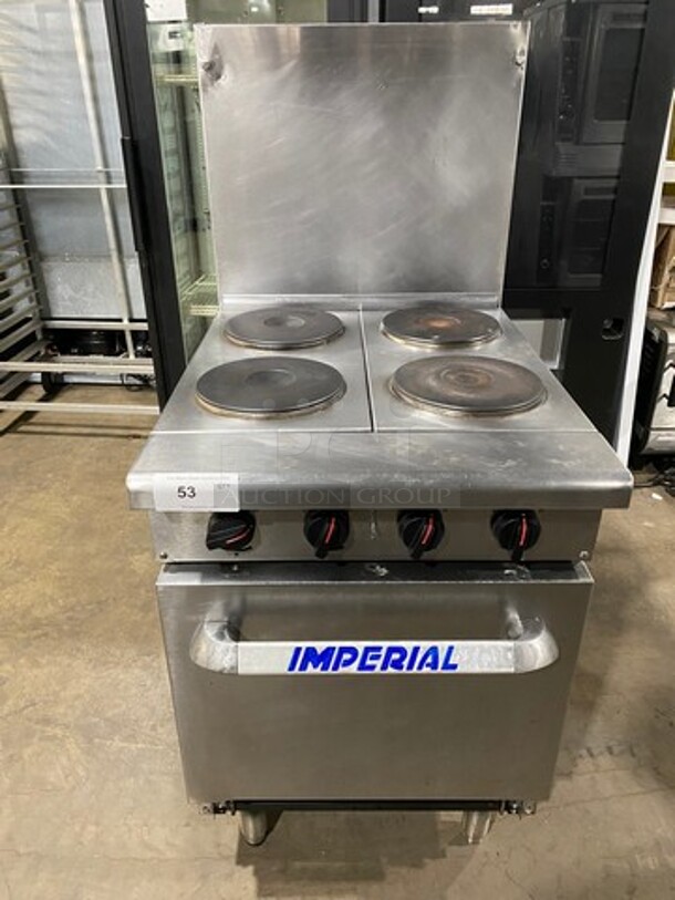 WOW! Imperial Commercial Electric Powered 4 Burner Range! With Raised Backsplash! With Oven Underneath! All Stainless Steel! On Legs!