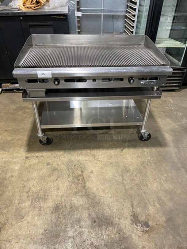 NICE! Imperial Commercial Natural Gas Powered Grooved Grill! With Back And Side Splashes! On Legs! On Equipment Stand! With Storage Space Underneath! All Stainless Steel! On Casters! WORKING WHEN REMOVED!