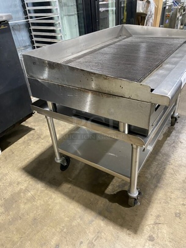 NICE! Imperial Commercial Natural Gas Powered Grooved Grill! With Back And Side Splashes! On Legs! On Equipment Stand! With Storage Space Underneath! All Stainless Steel! On Casters! WORKING WHEN REMOVED! - Image 2 of 10