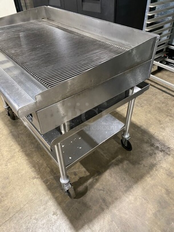NICE! Imperial Commercial Natural Gas Powered Grooved Grill! With Back And Side Splashes! On Legs! On Equipment Stand! With Storage Space Underneath! All Stainless Steel! On Casters! WORKING WHEN REMOVED! - Image 3 of 10