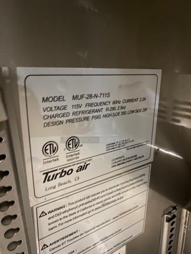 Turbo Air Commercial Single Door Lowboy/ Worktop Freezer! All Stainless Steel! On Casters! Model: MUF28N711S 115V - Image 6 of 7