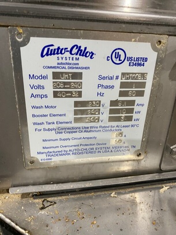 Auto Chlor Commercial Under Counter Dish Washer! All Stainless Steel! Model: UHT SN: UHT0081S 208/240V 60HZ 1 Phase - Image 8 of 10