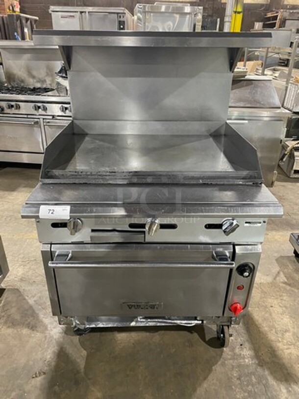NICE! Vulcan Commercial Natural Gas Powered Flat Top Griddle! With Side Splashes! With Raised Back Splash And Salamander Shelf! All Stainless Steel! On Casters!