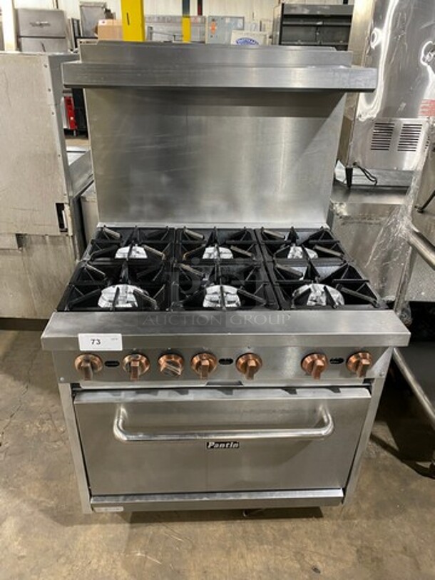 Pantin Commercial Natural Gas Powered 6 Burner Stove! With Raised Back Splash And Salamander Shelf! With Oven Underneath! All Stainless Steel! On Legs!