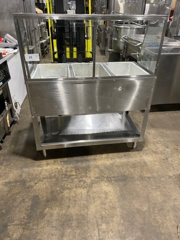 BK Resources Commercial Electric Powered 3 Well Steam Table! With Sneeze Guard! With Storage Space Underneath! All Stainless Steel! On Legs! Model: STE3120 120V 60HZ 1 Phase