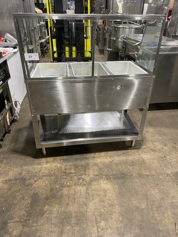 BK Resources Commercial Electric Powered 3 Well Steam Table! With Sneeze Guard! With Storage Space Underneath! All Stainless Steel! On Legs! Model: STE3120 120V 60HZ 1 Phase - Image 1 of 11