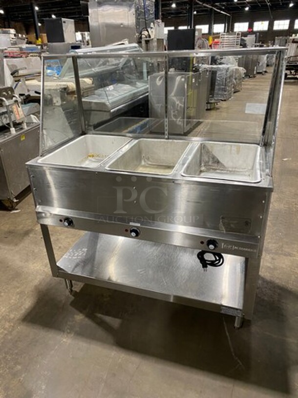 BK Resources Commercial Electric Powered 3 Well Steam Table! With Sneeze Guard! With Storage Space Underneath! All Stainless Steel! On Legs! Model: STE3120 120V 60HZ 1 Phase - Image 4 of 11
