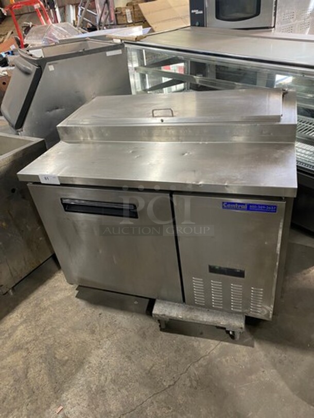 Central Commercial Refrigerated Pizza Prep Table! With Single Door Storage Space Underneath! With Poly Coated Racks! All Stainless Steel! Model: 69K013 SN: 5064981 115V 60HZ 1 Phase