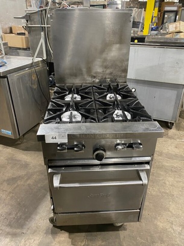 Sunfire Commercial Natural Gas Powered 4 Burner Stove! With Raised Back Splash! With Oven Underneath! All Stainless Steel! On Casters!