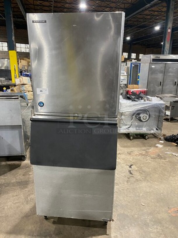 Hoshizaki Commercial Ice Maker Machine! On Commercial Ice Bin! All Stainless Steel! On Legs! Model: KM901MAJ SN: H11229F 208/230V 60HZ 1 Phase