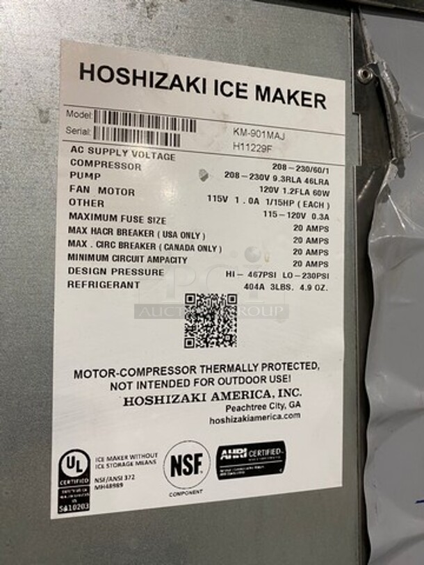Hoshizaki Commercial Ice Maker Machine! On Commercial Ice Bin! All Stainless Steel! On Legs! Model: KM901MAJ SN: H11229F 208/230V 60HZ 1 Phase - Image 6 of 9