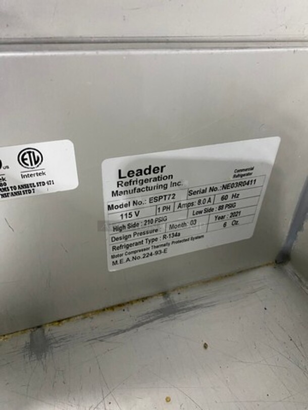 LATE MODEL! 2021 Leader Commercial Refrigerated Pizza Prep Table! With 3 Door Storage Space Underneath! All Stainless Steel! Model: ESPT72 SN: NE03R0411 115V 60HZ 1 Phase - Image 8 of 10
